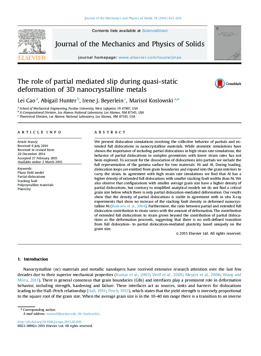 The role of partial mediated slip during quasi-static deformation of 3D nanocrystalline metals