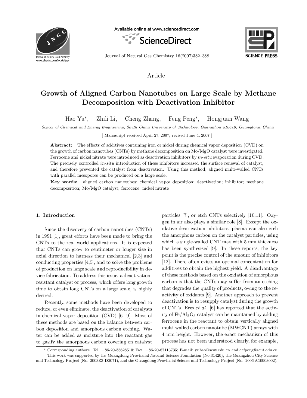 عکس صفحه اول مقاله: Growth of Aligned Carbon Nanotubes on Large Scale by Methane Decomposition with Deactivation Inhibitor Growth of Aligned Carbon Nanotubes on Large Scale by Methane Decomposition with Deactivation Inhibitor