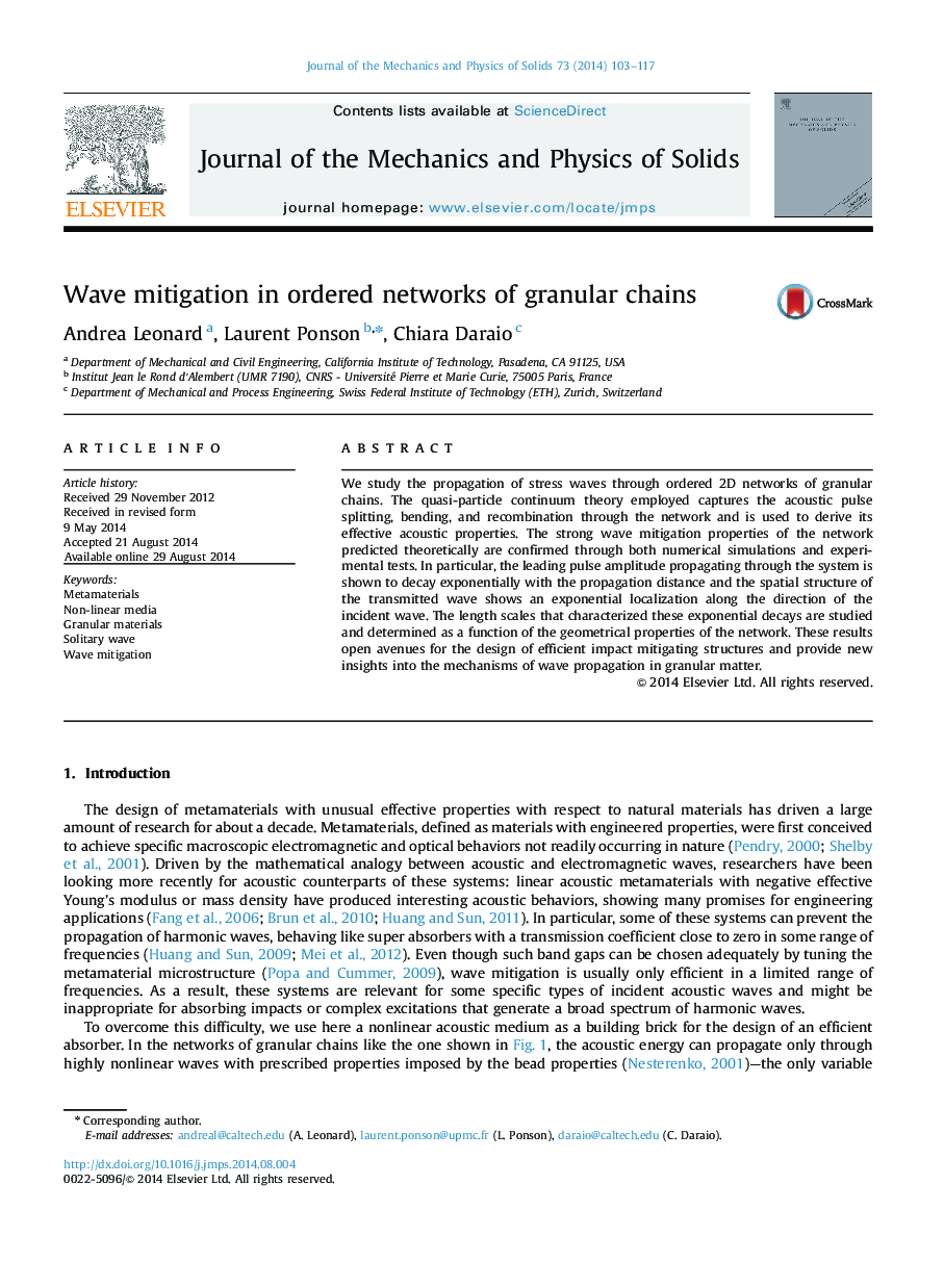 Wave mitigation in ordered networks of granular chains