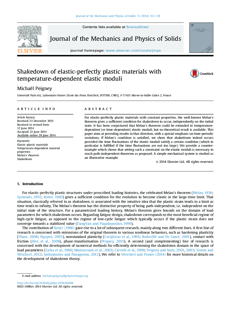 Shakedown of elastic-perfectly plastic materials with temperature-dependent elastic moduli