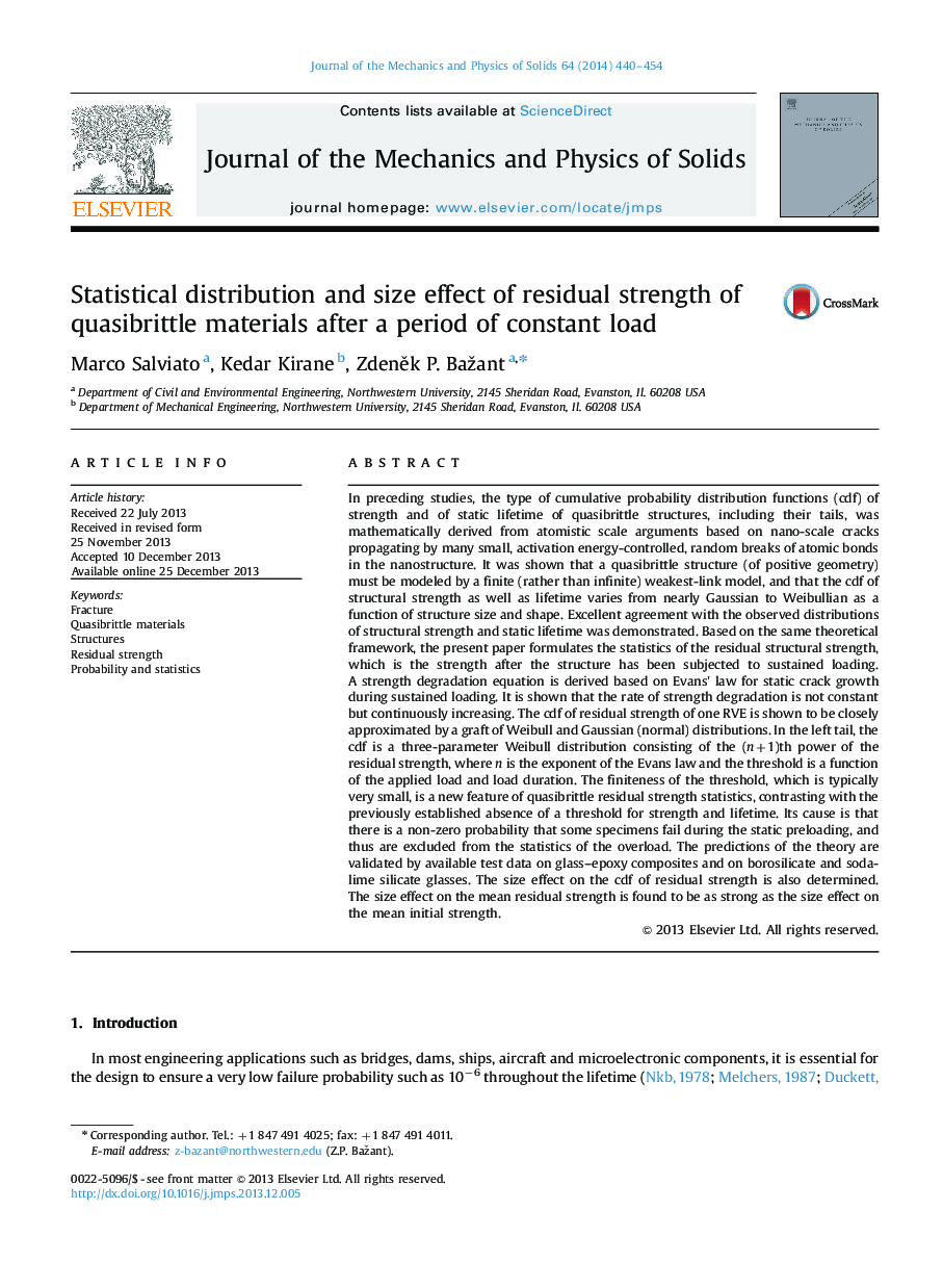 Statistical distribution and size effect of residual strength of quasibrittle materials after a period of constant load