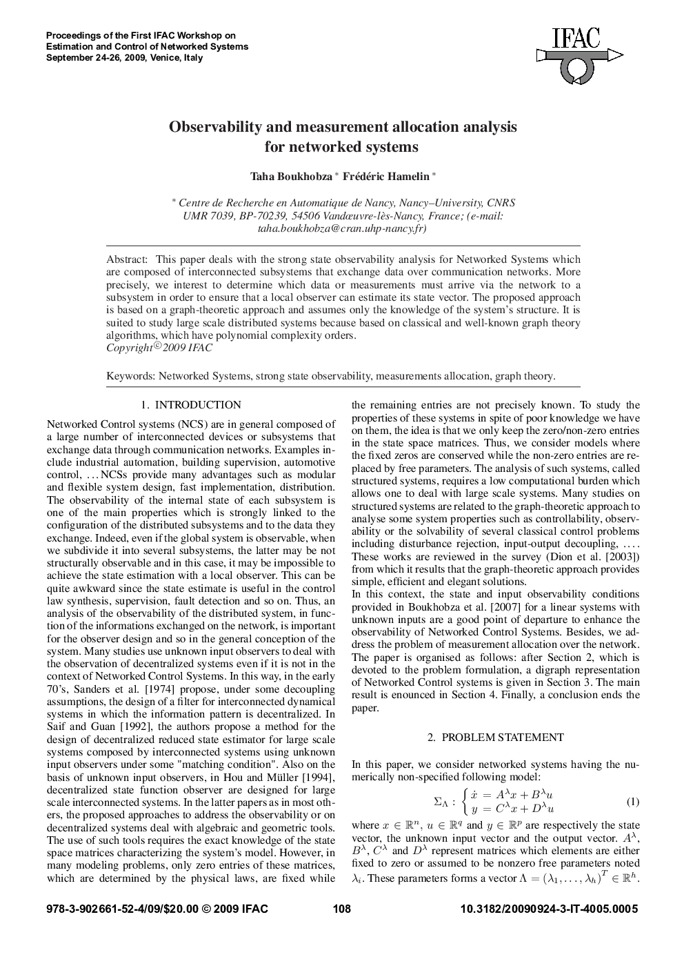 عکس صفحه اول مقاله: Observability and measurement allocation analysis for networked systems Observability and measurement allocation analysis for networked systems