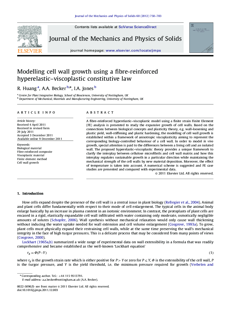 Modelling cell wall growth using a fibre-reinforced hyperelastic-viscoplastic constitutive law