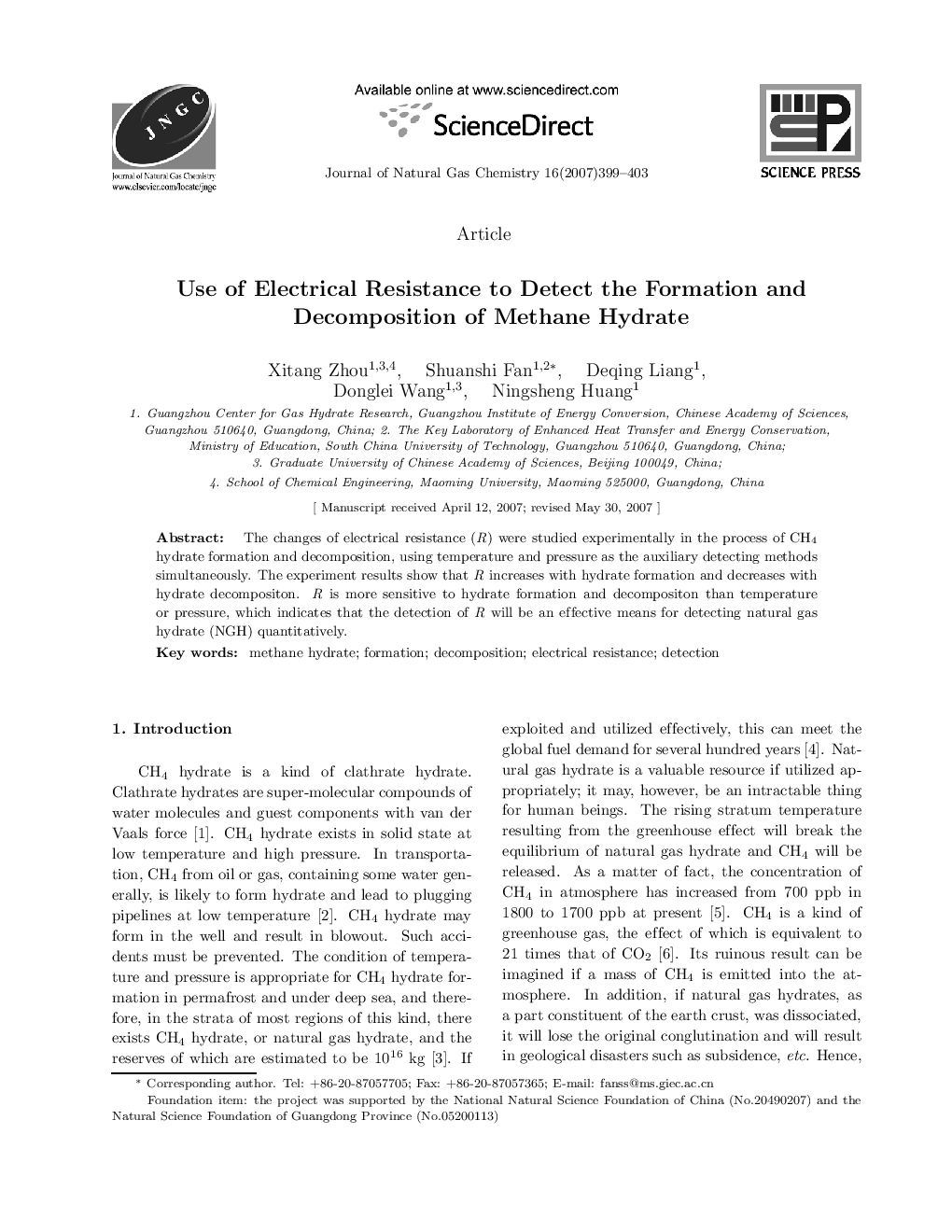 عکس صفحه اول مقاله: Use of Electrical Resistance to Detect the Formation and Decomposition of Methane Hydrate Use of Electrical Resistance to Detect the Formation and Decomposition of Methane Hydrate