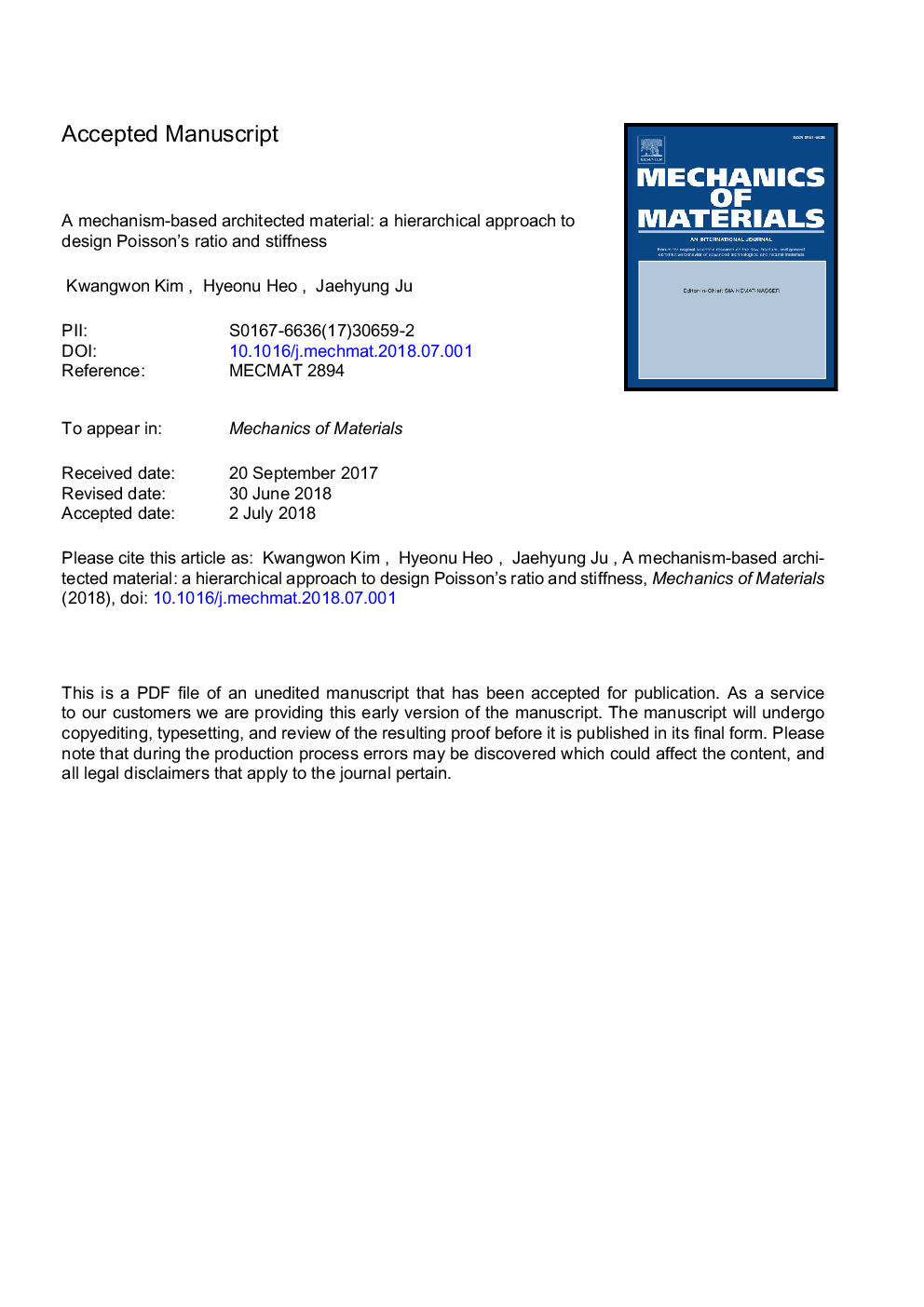 A mechanism-based architected material: A hierarchical approach to design Poisson's ratio and stiffness