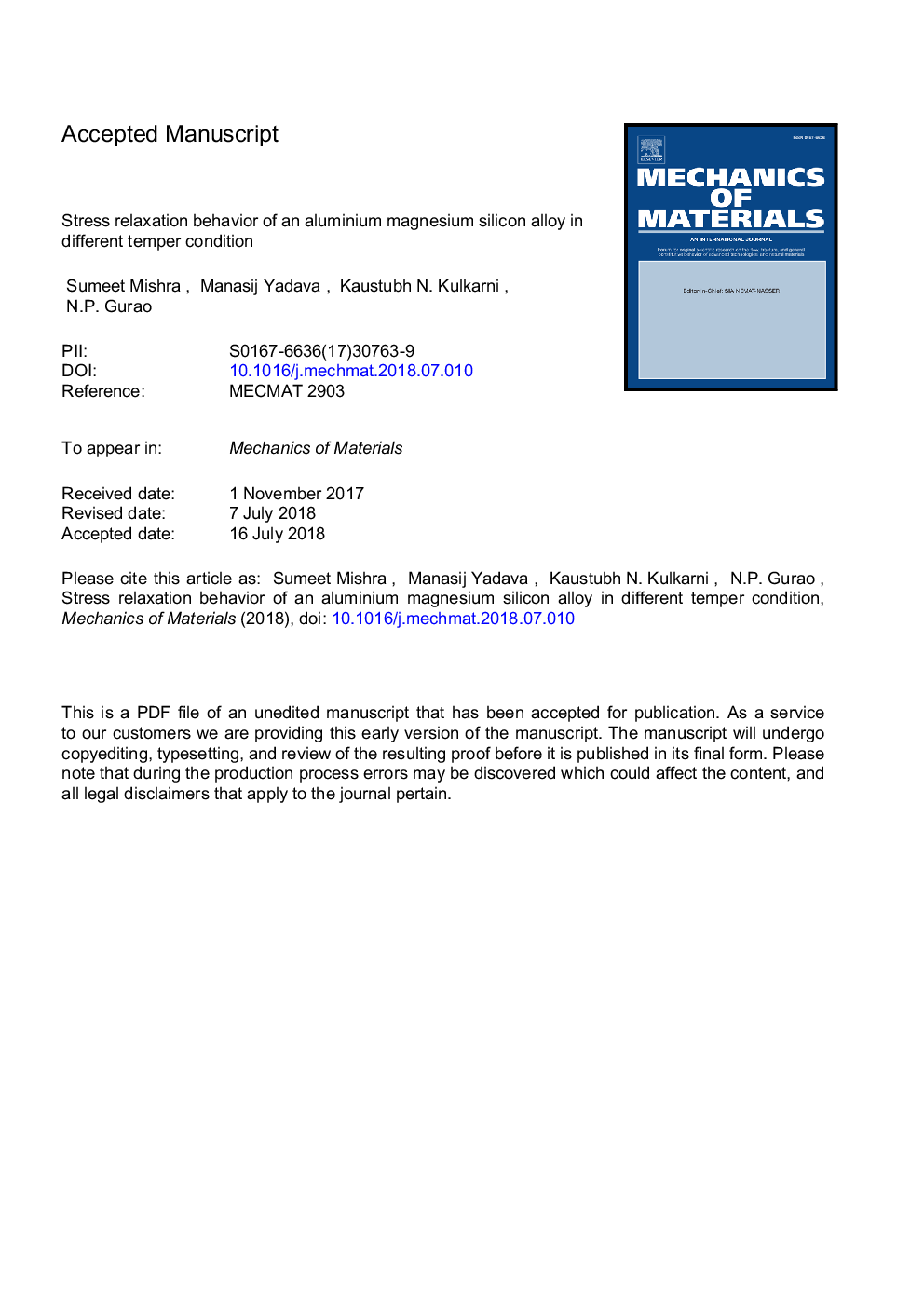 Stress relaxation behavior of an aluminium magnesium silicon alloy in different temper condition