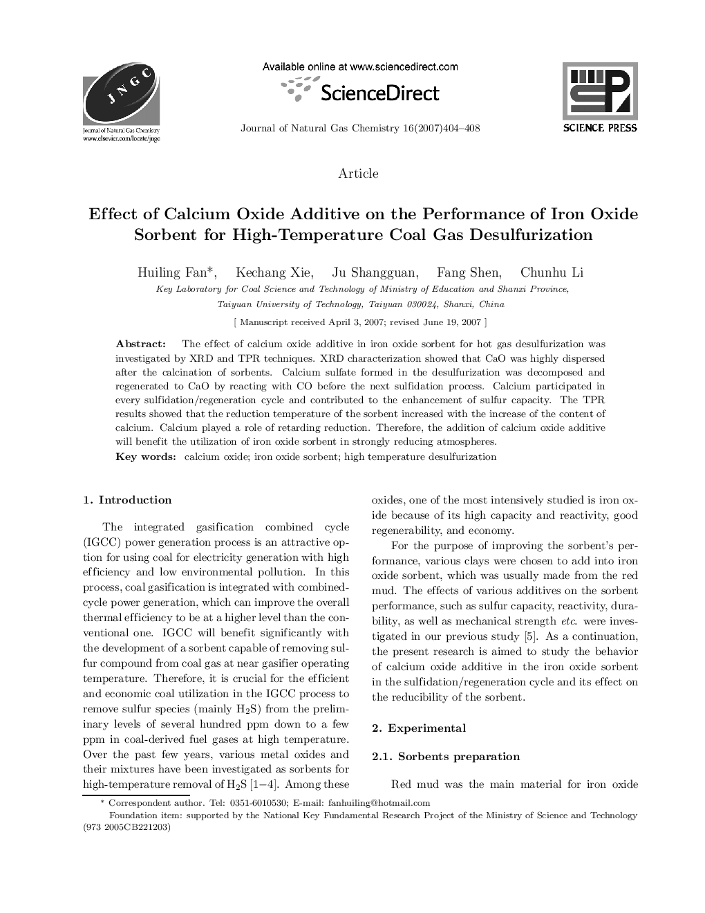 عکس صفحه اول مقاله: Effect of Calcium Oxide Additive on the Performance of Iron Oxide Sorbent for High-Temperature Coal Gas Desulfurization Effect of Calcium Oxide Additive on the Performance of Iron Oxide Sorbent for High-Temperature Coal Gas Desulfurization