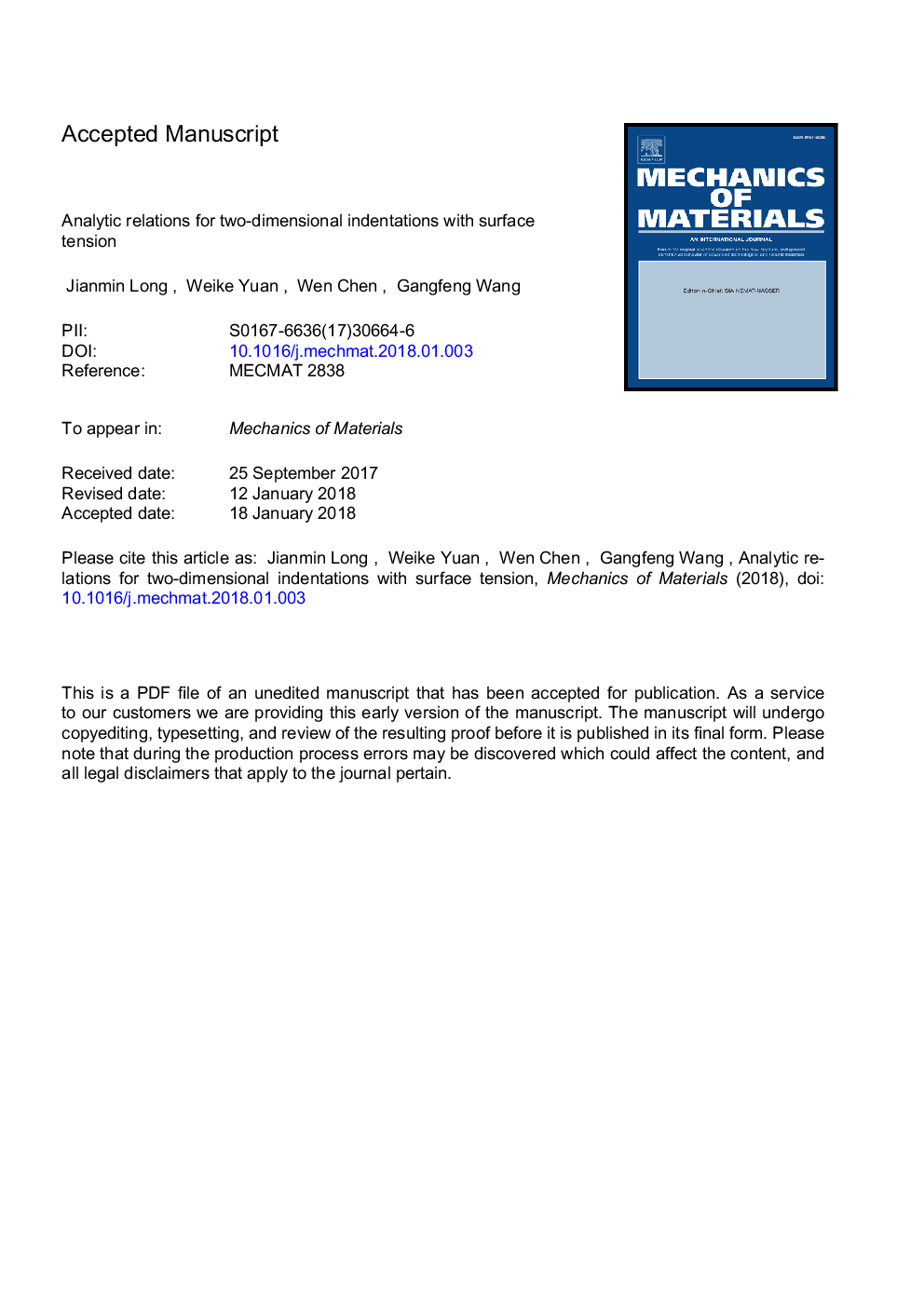 Analytic relations for two-dimensional indentations with surface tension