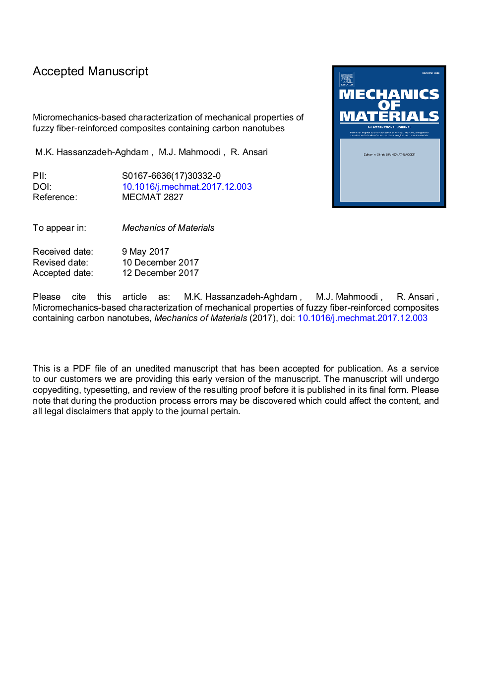 مشخصه میکرومکانیکی خواص مکانیکی کامپوزیتهای تقویت شده فیبر فازی حاوی نانولولههای کربنی است 