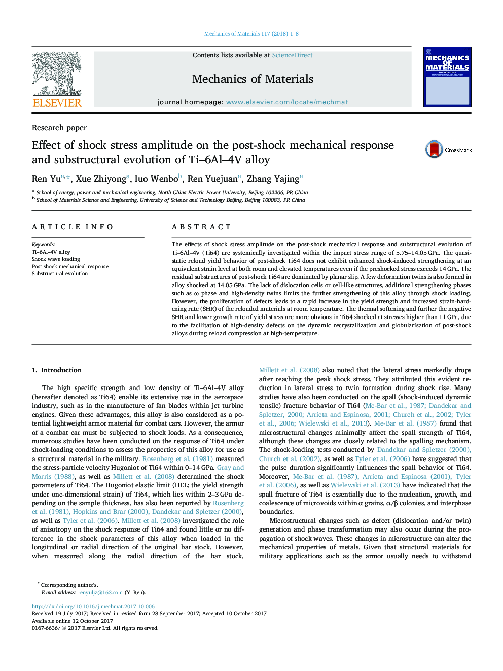 Effect of shock stress amplitude on the post-shock mechanical response and substructural evolution of Ti-6Al-4V alloy