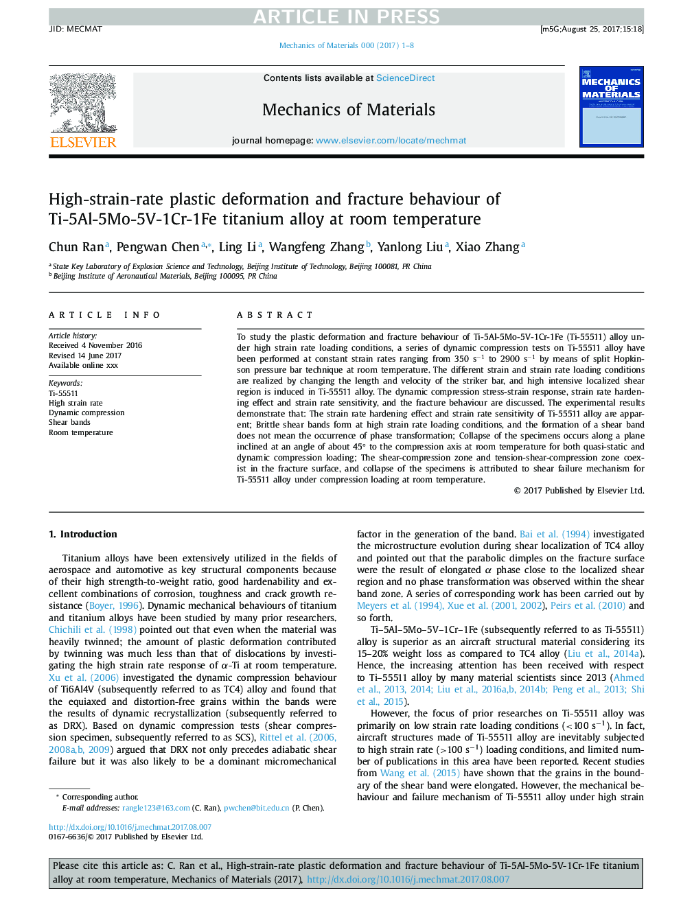 High-strain-rate plastic deformation and fracture behaviour of Ti-5Al-5Mo-5V-1Cr-1Fe titanium alloy at room temperature