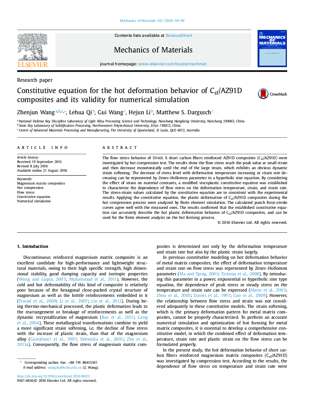 Constitutive equation for the hot deformation behavior of Csf/AZ91D composites and its validity for numerical simulation