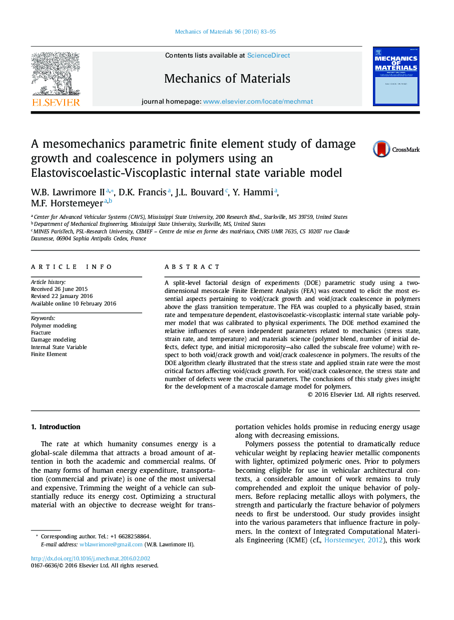 A mesomechanics parametric finite element study of damage growth and coalescence in polymers using an Elastoviscoelastic-Viscoplastic internal state variable model