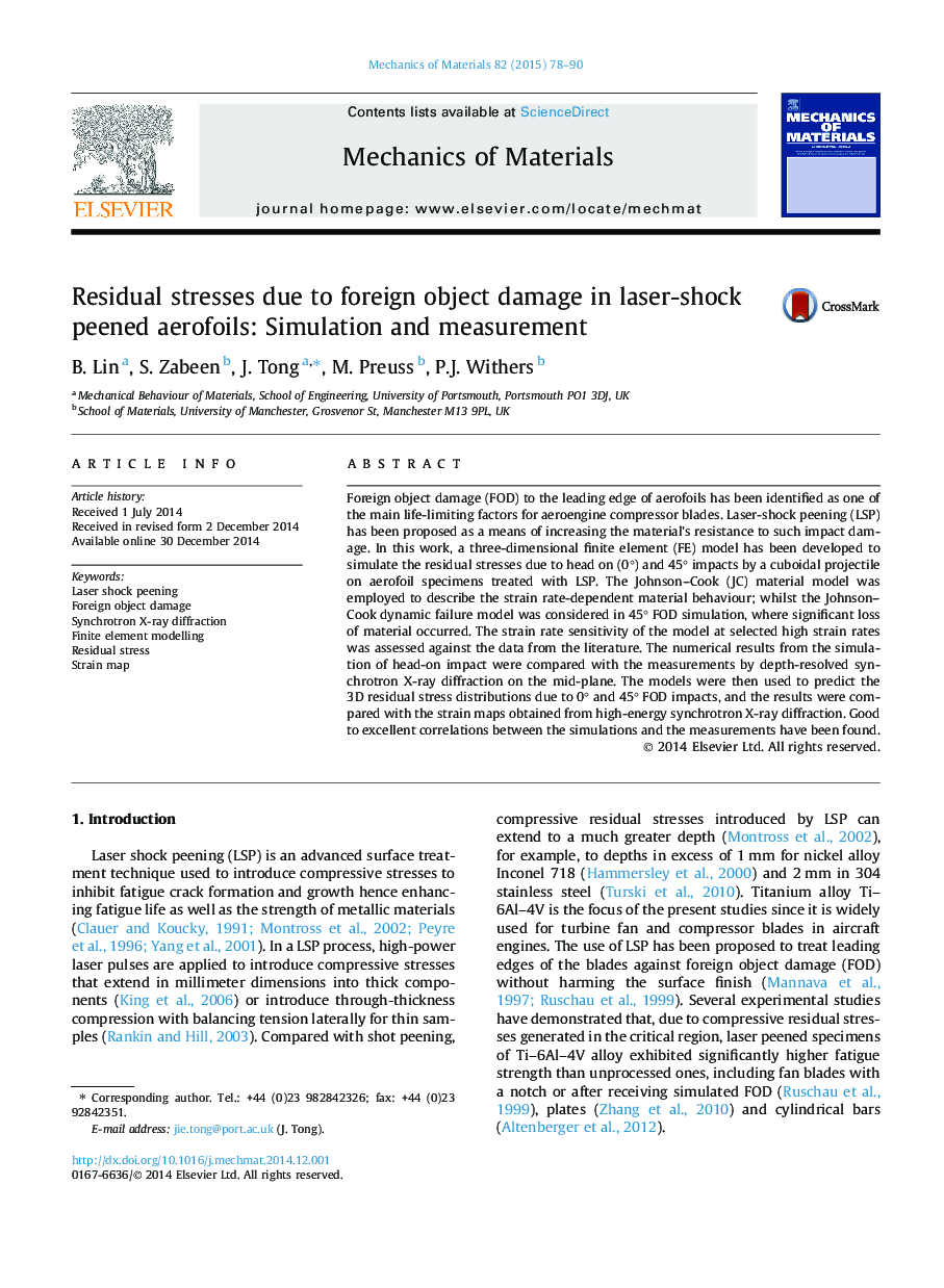 Residual stresses due to foreign object damage in laser-shock peened aerofoils: Simulation and measurement