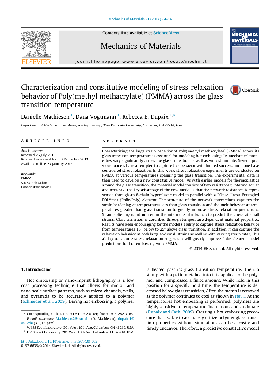 Characterization and constitutive modeling of stress-relaxation behavior of Poly(methyl methacrylate) (PMMA) across the glass transition temperature