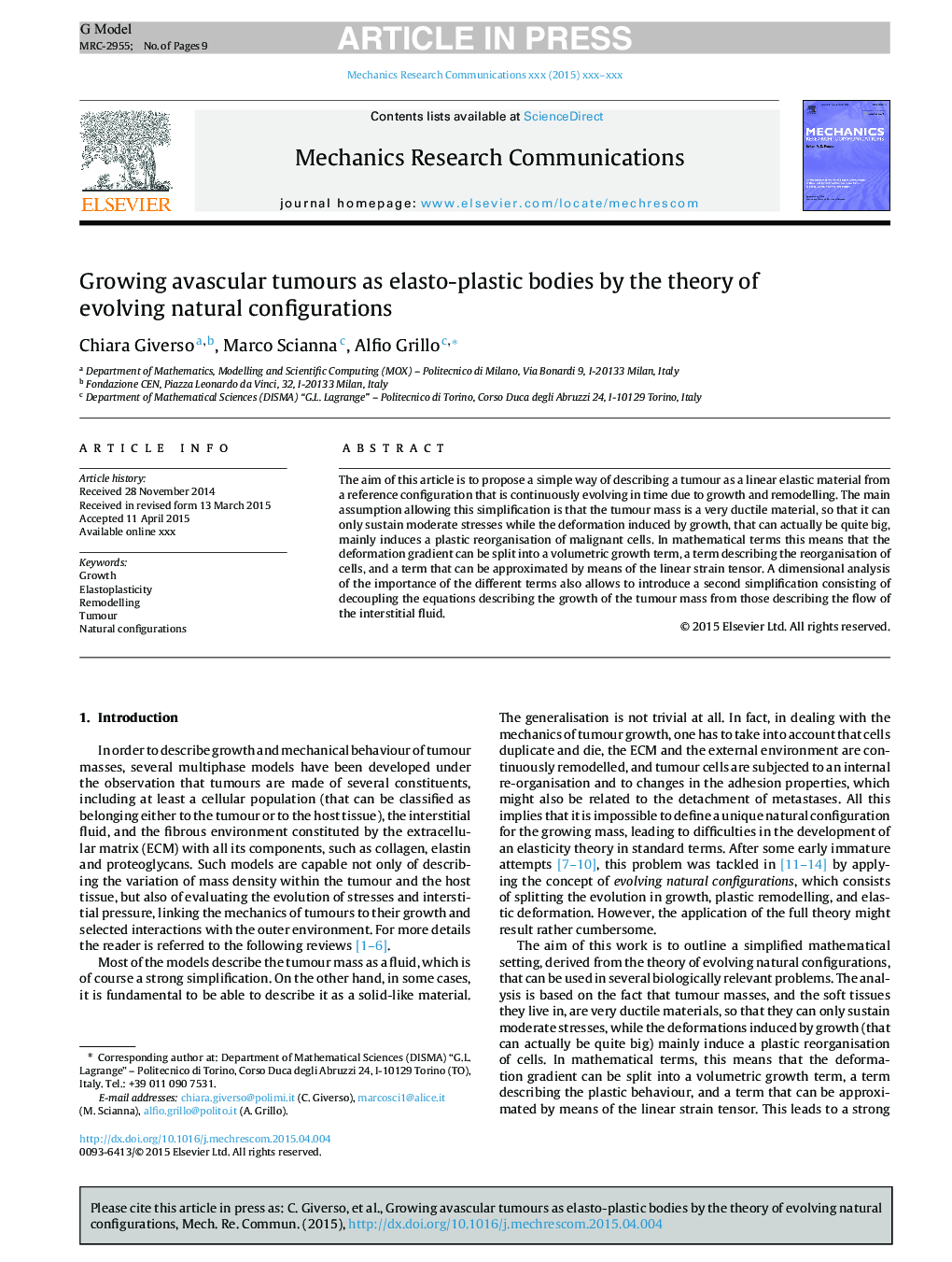 Growing avascular tumours as elasto-plastic bodies by the theory of evolving natural configurations