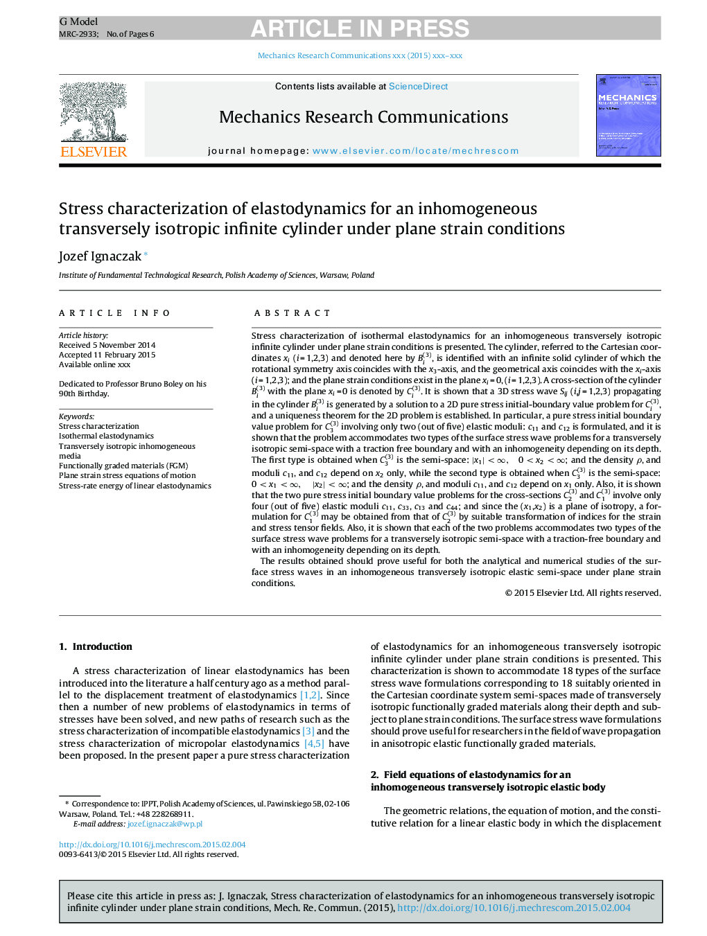 Stress characterization of elastodynamics for an inhomogeneous transversely isotropic infinite cylinder under plane strain conditions