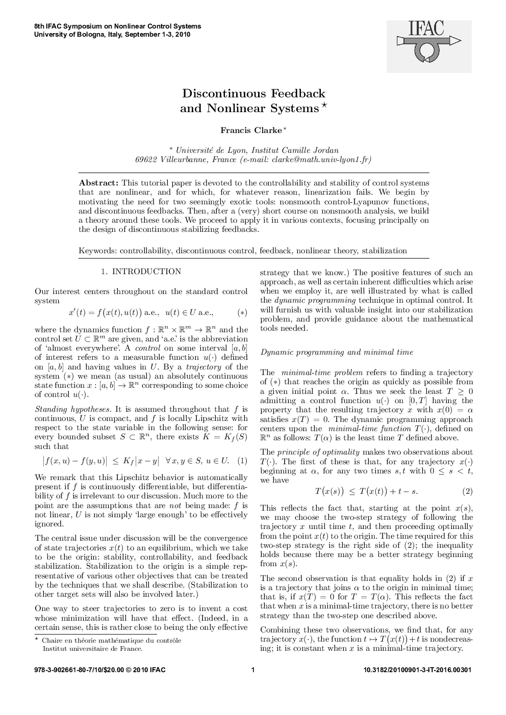 Discontinuous Feedback and Nonlinear Systems *
