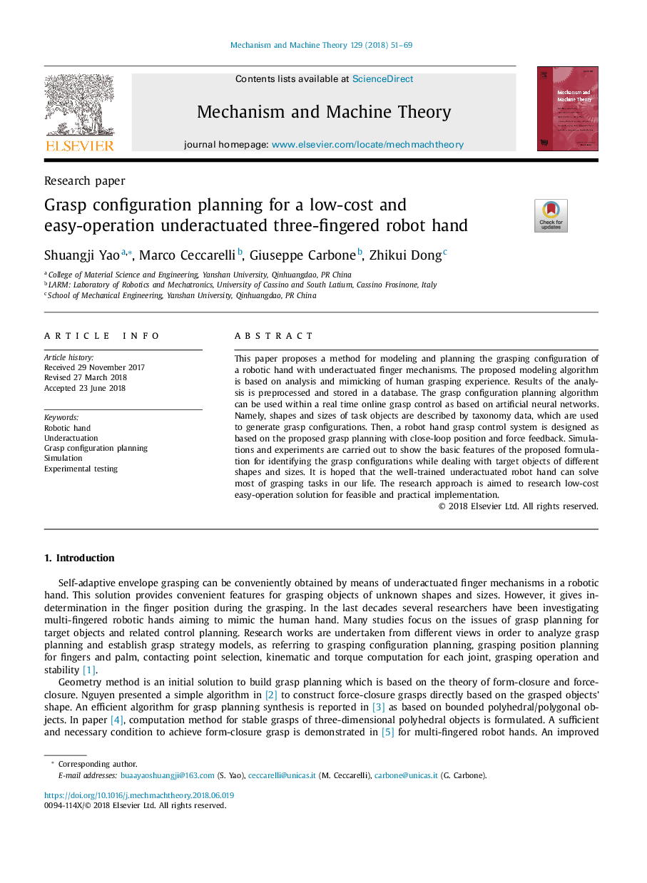 Grasp configuration planning for a low-cost and easy-operation underactuated three-fingered robot hand