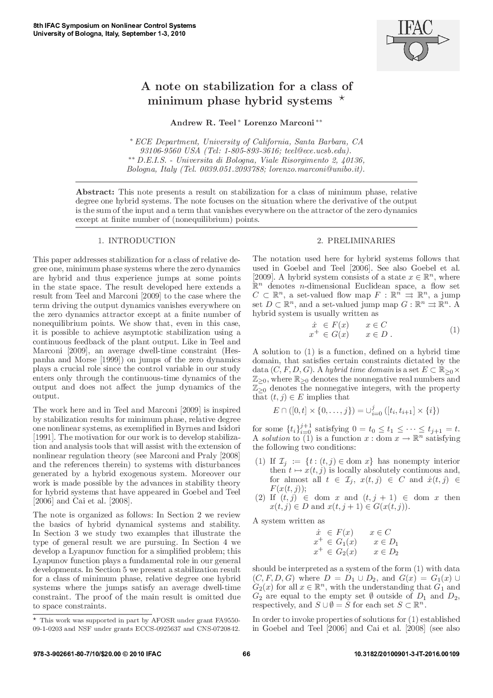 A note on stabilization for a class of minimum phase hybrid systems *
