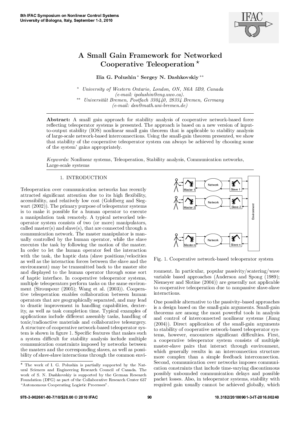 A Small Gain Framework for Networked Cooperative Teleoperation *