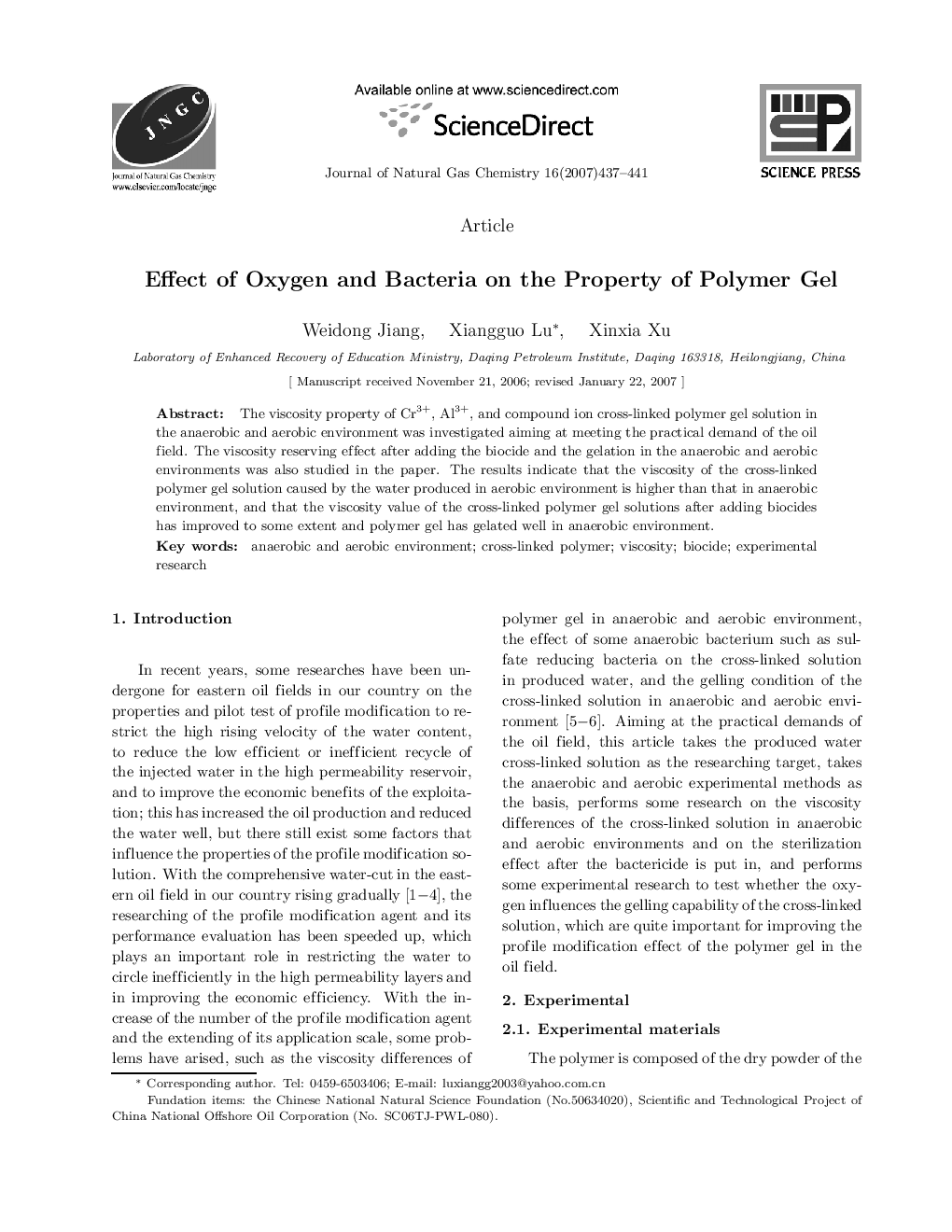 عکس صفحه اول مقاله: Effect of Oxygen and Bacteria on the Property of Polymer Gel Effect of Oxygen and Bacteria on the Property of Polymer Gel