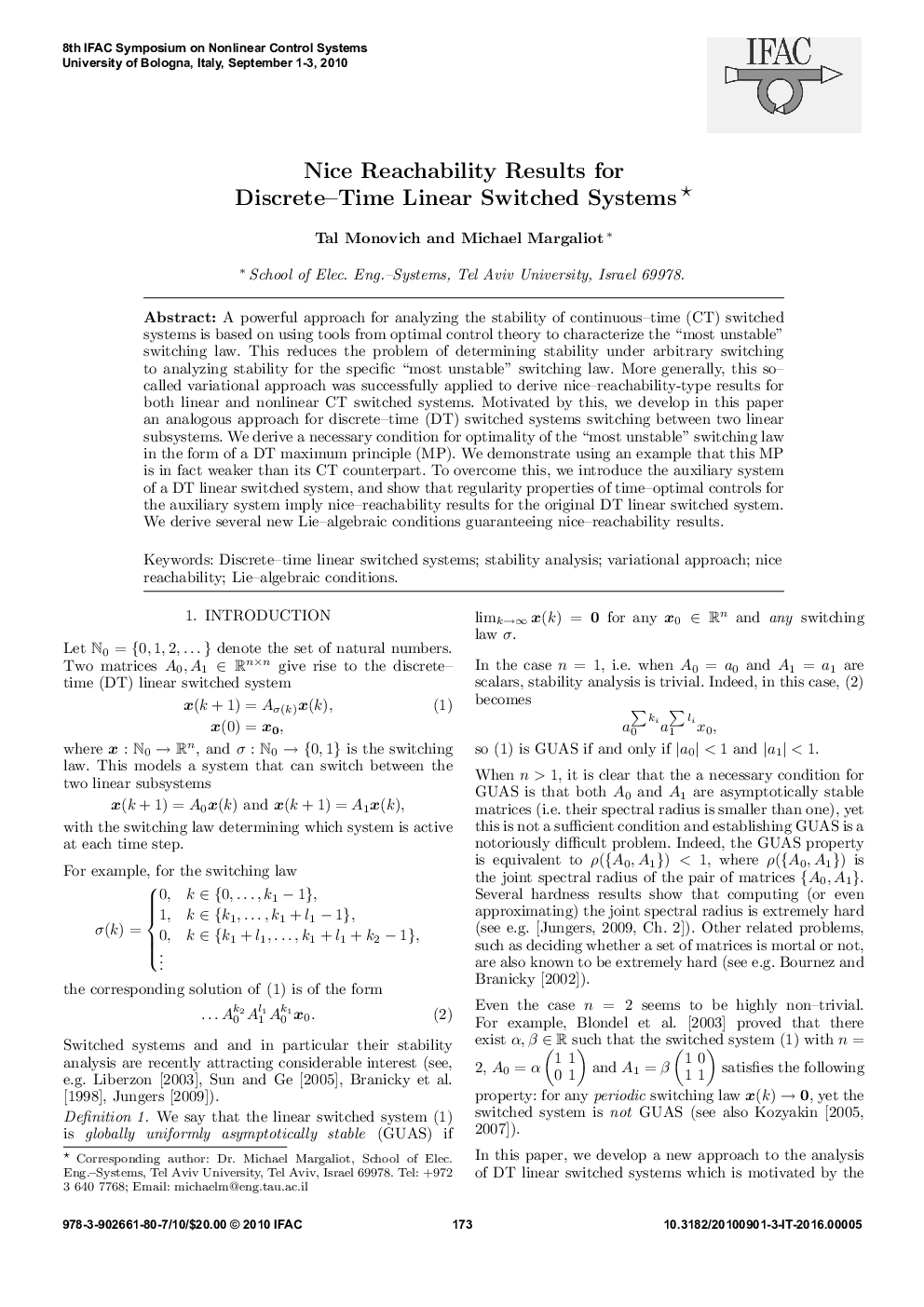 عکس صفحه اول مقاله: Nice Reachability Results for Discrete–Time Linear Switched Systems* Nice Reachability Results for Discrete–Time Linear Switched Systems*