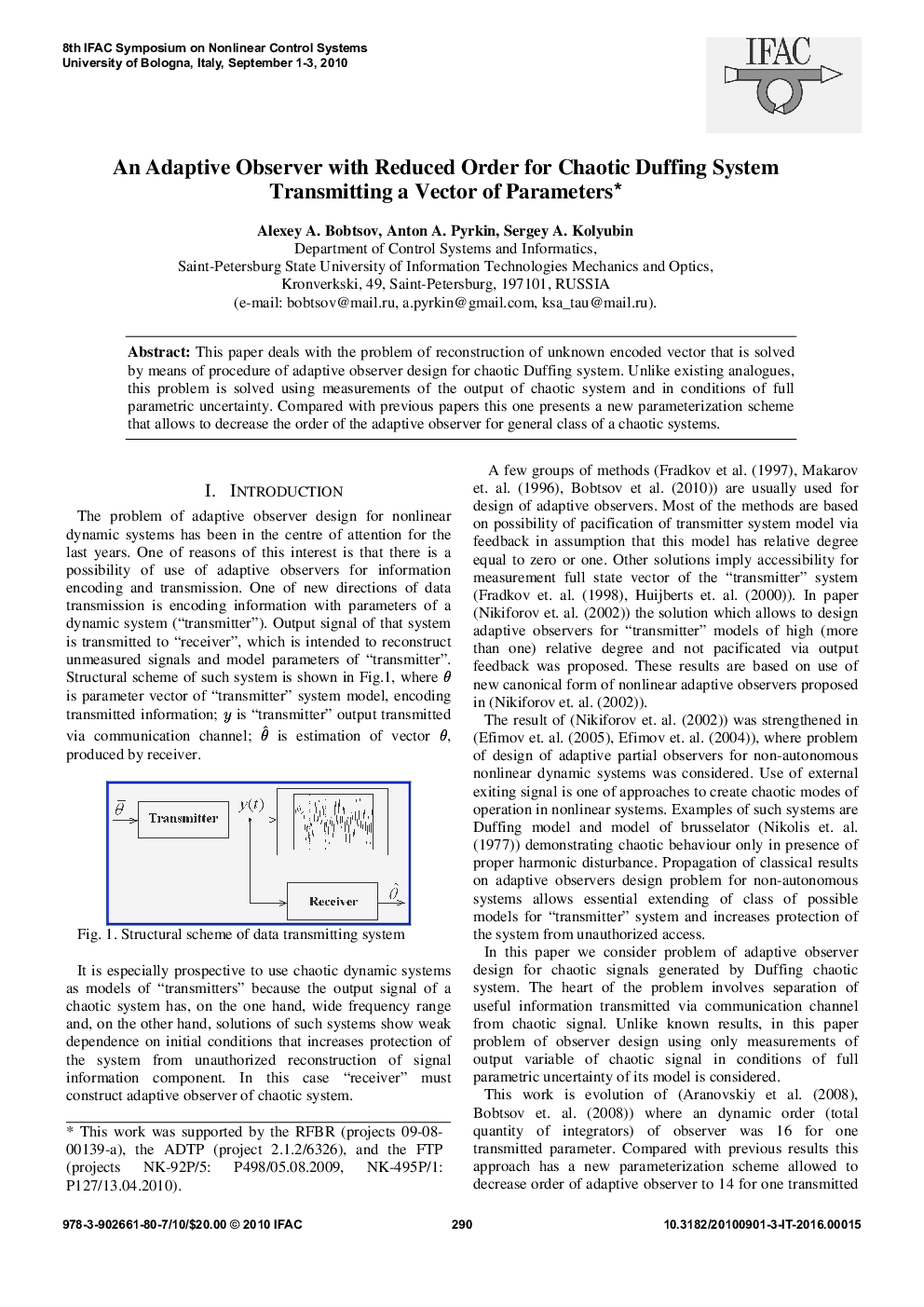 An Adaptive Observer with Reduced Order for Chaotic Duffing System Transmitting a Vector of Parameters*