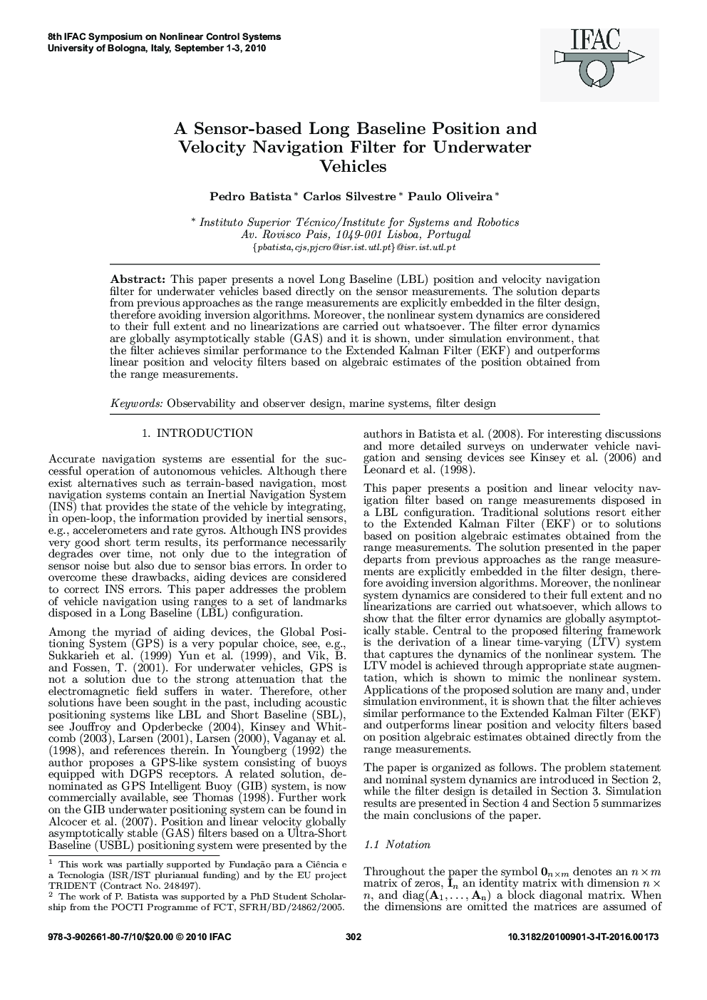 عکس صفحه اول مقاله: A Sensor-based Long Baseline Position and Velocity Navigation Filter for Underwater Vehicles A Sensor-based Long Baseline Position and Velocity Navigation Filter for Underwater Vehicles
