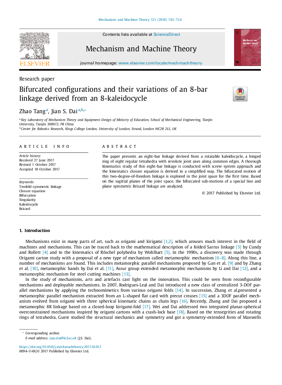 Bifurcated configurations and their variations of an 8-bar linkage derived from an 8-kaleidocycle