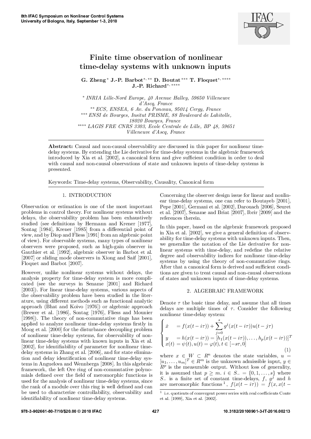 Finite time observation of nonlinear time-delay systems with unknown inputs