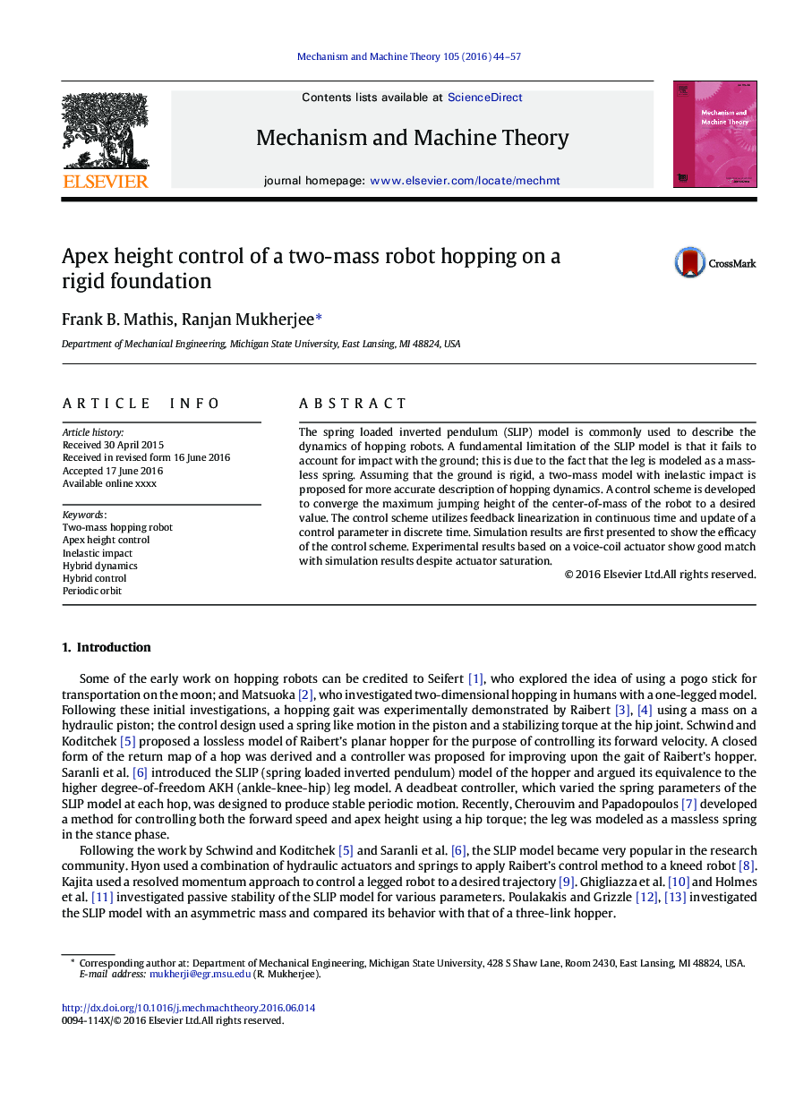 Apex height control of a two-mass robot hopping on a rigidÂ foundation