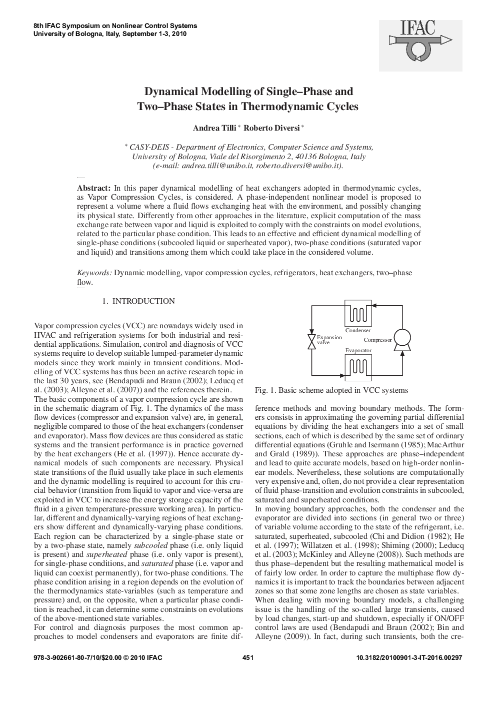 Dynamical Modelling of Single–Phase and Two–Phase States in Thermodynamic Cycles