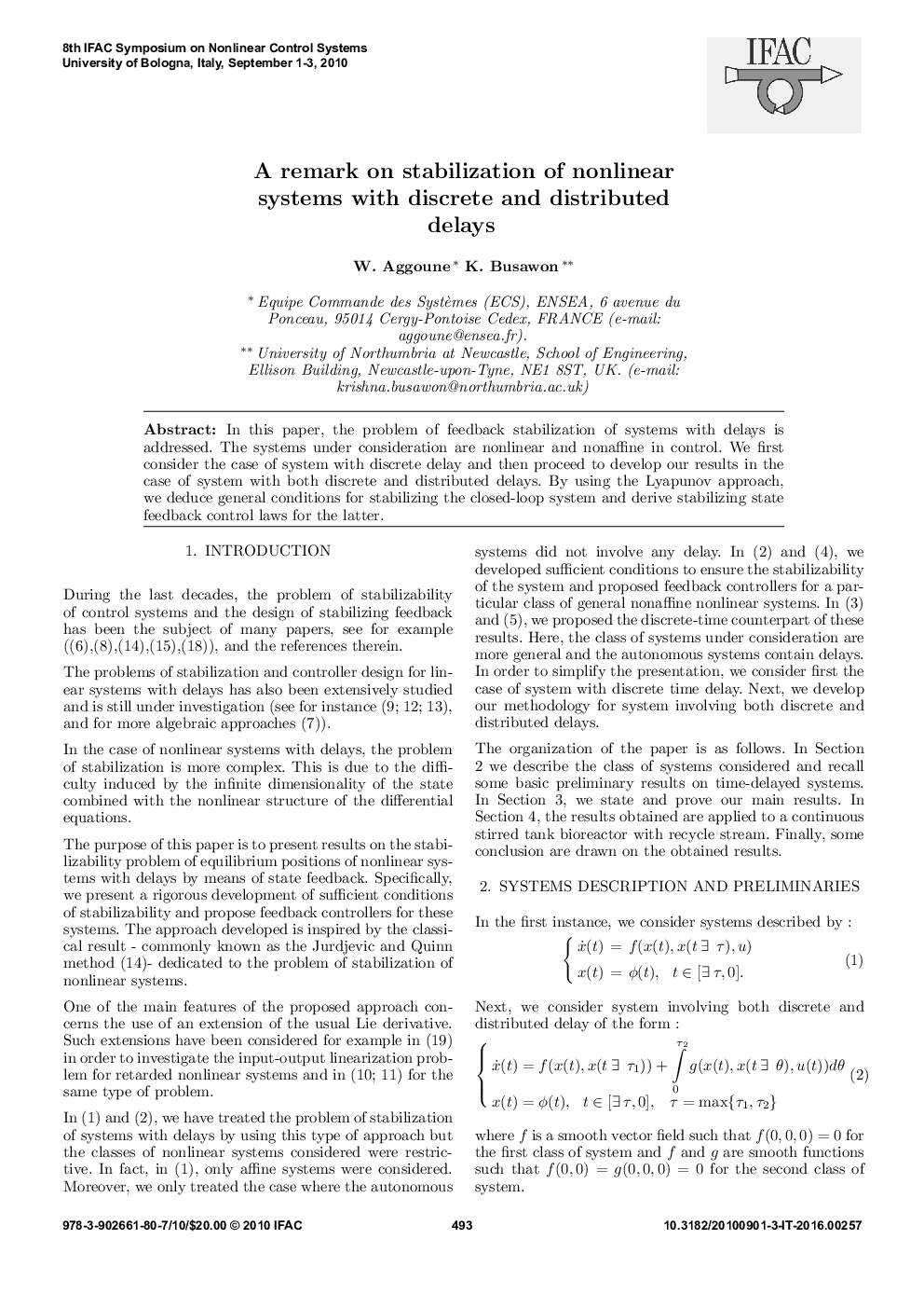 عکس صفحه اول مقاله: A remark on stabilization of nonlinear systems with discrete and distributed delays A remark on stabilization of nonlinear systems with discrete and distributed delays