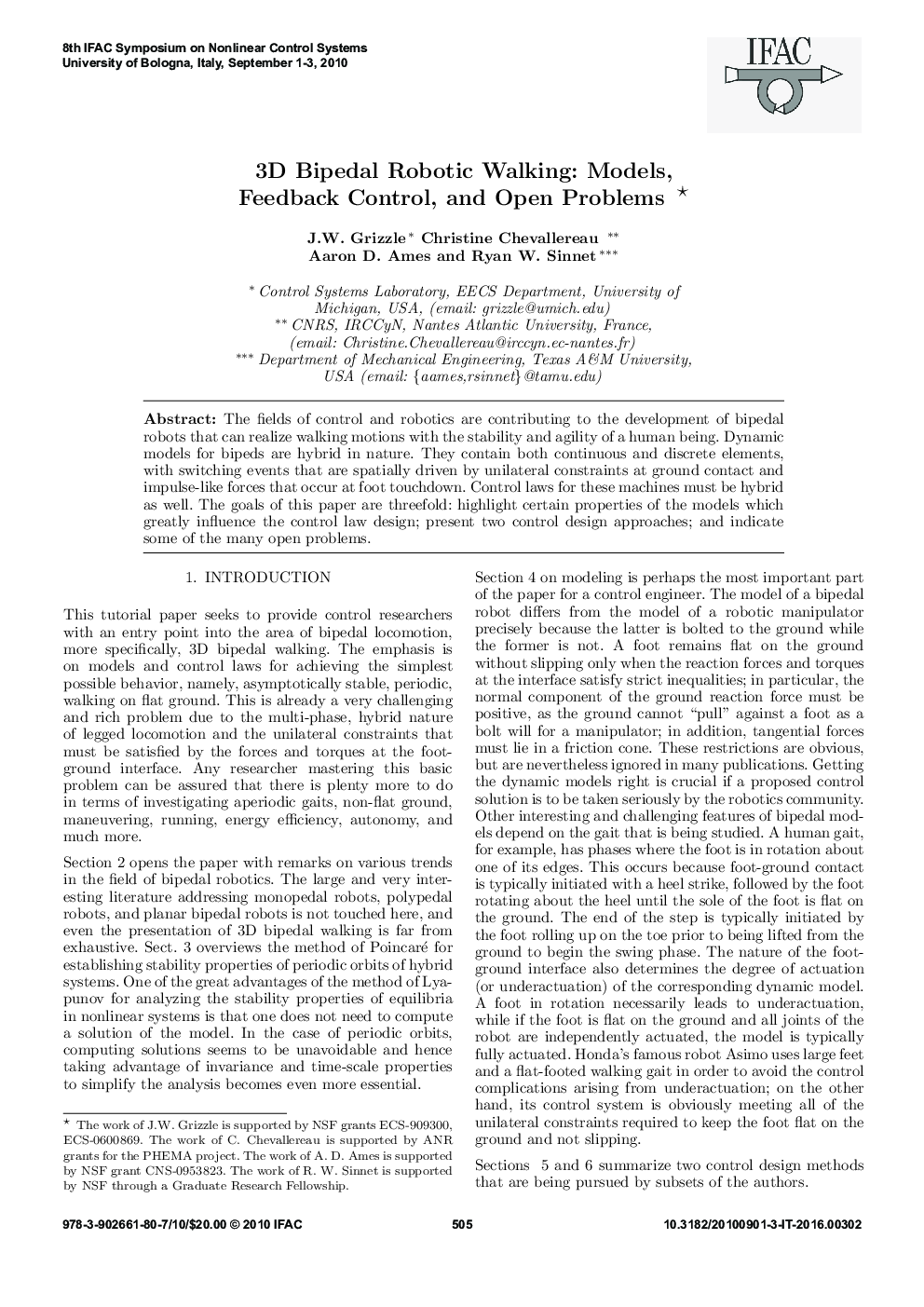 3D Bipedal Robotic Walking: Models, Feedback Control, and Open Problems *
