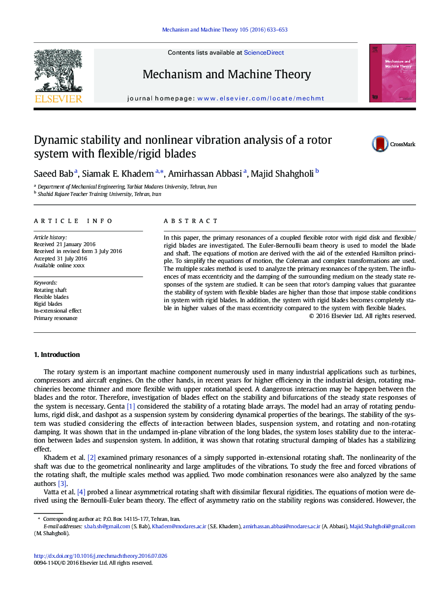 Dynamic stability and nonlinear vibration analysis of a rotor system with flexible/rigid blades