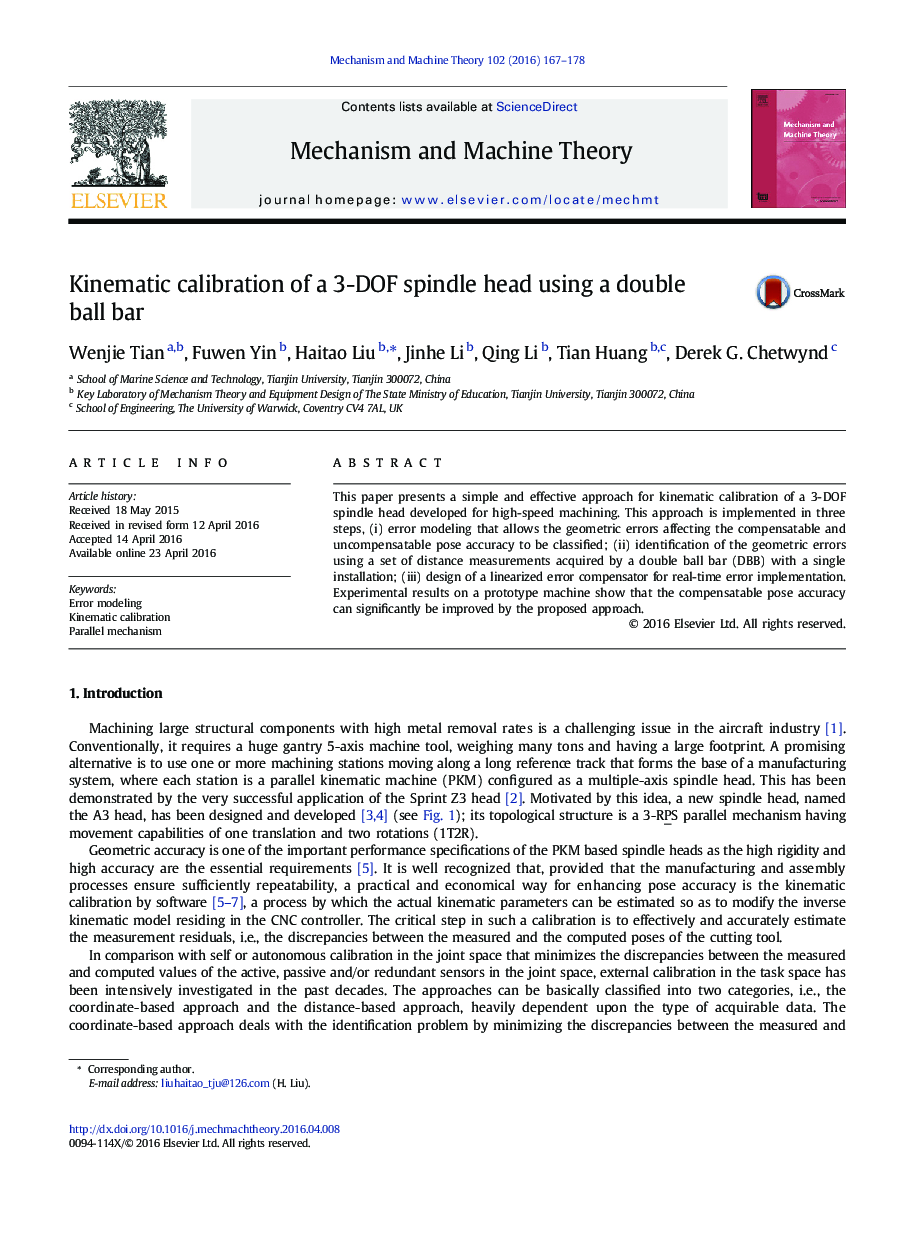 Kinematic calibration of a 3-DOF spindle head using a double ball bar