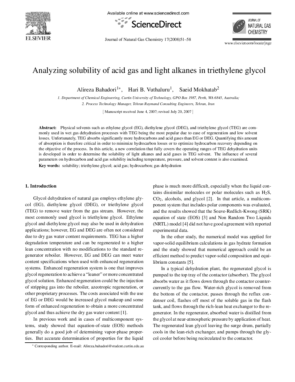Analyzing solubility of acid gas and light alkanes in triethylene glycol