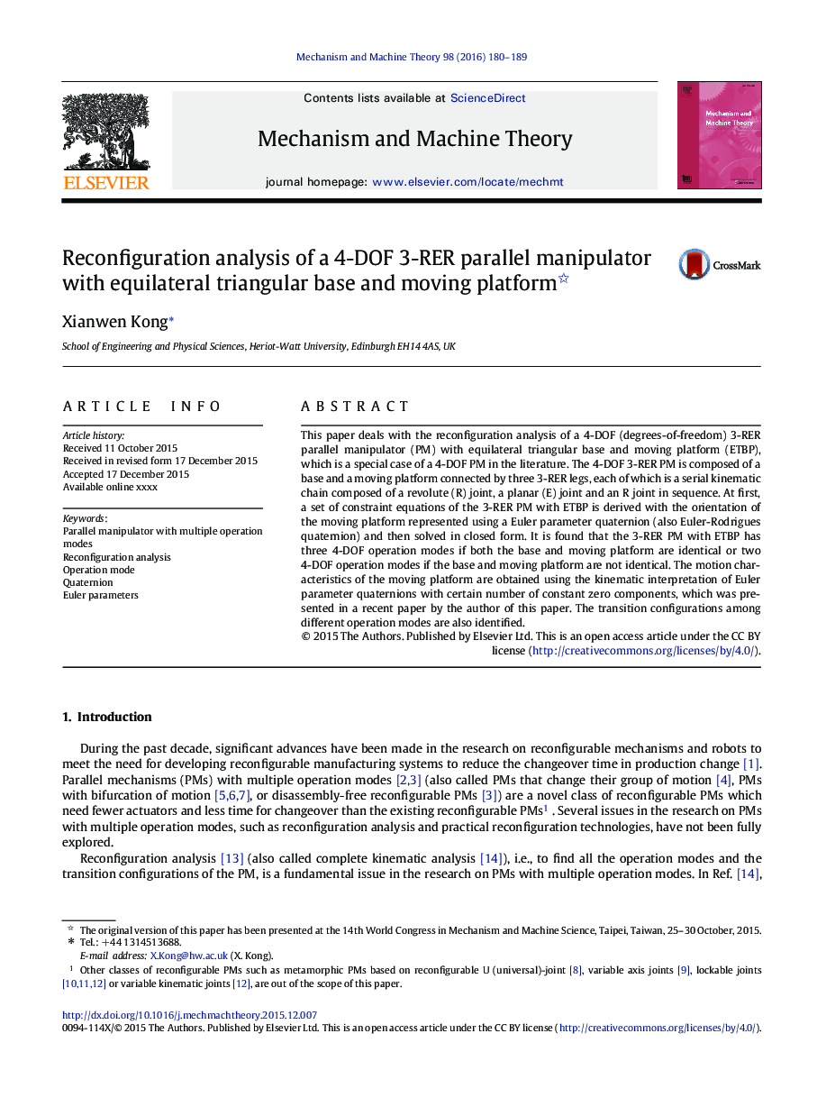 Reconfiguration analysis of a 4-DOF 3-RER parallel manipulator with equilateral triangular base and moving platform