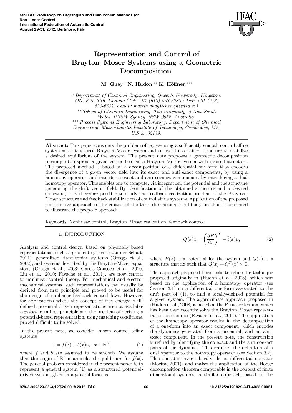 Representation and Control of Brayton—Moser Systems using a Geometric Decomposition
