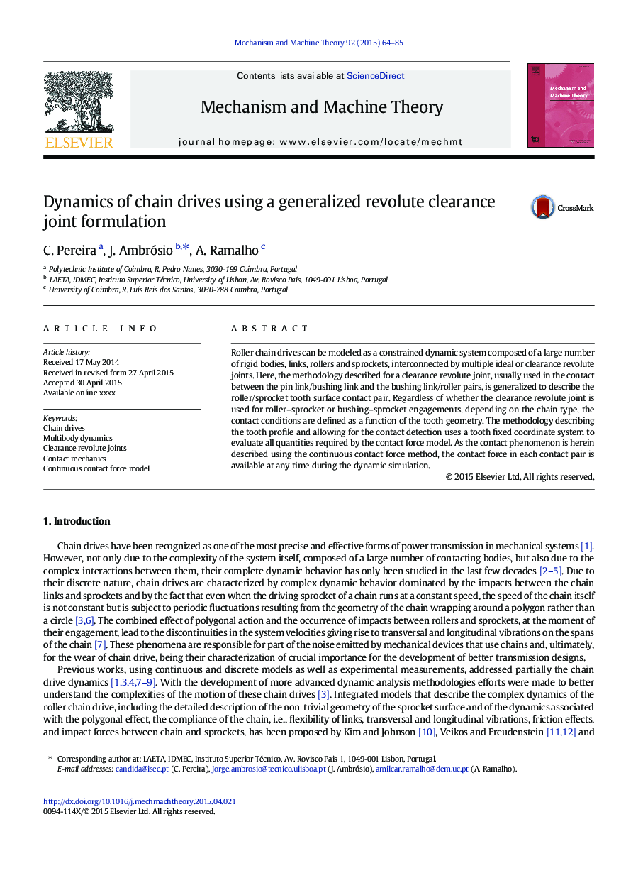 Dynamics of chain drives using a generalized revolute clearance joint formulation