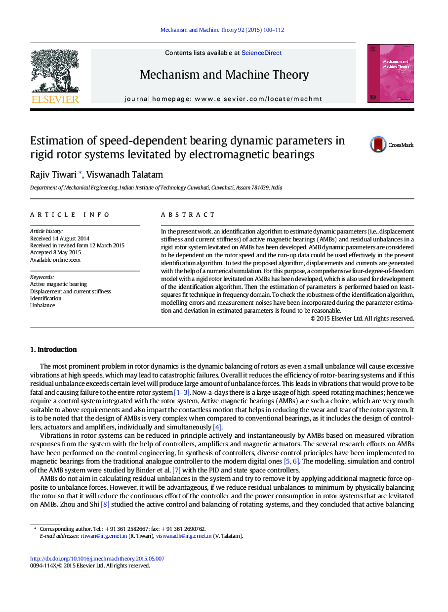 Estimation of speed-dependent bearing dynamic parameters in rigid rotor systems levitated by electromagnetic bearings