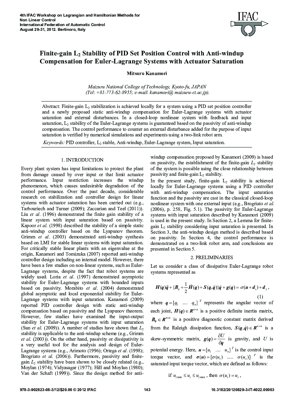 Finite-gain L2 Stability of PID Set Position Control with Anti-windup Compensation for Euler-Lagrange Systems with Actuator Saturation