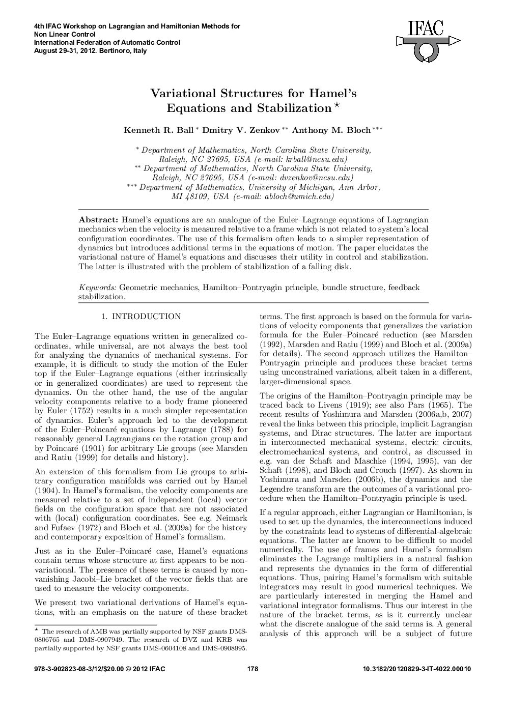 Variational Structures for Hamel's Equations and Stabilization* 