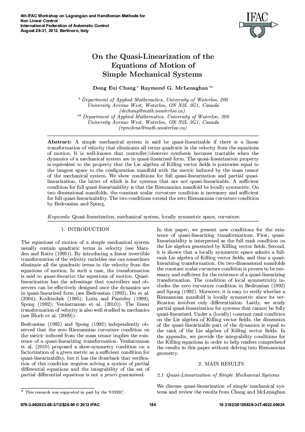 On the Quasi-Linearization of the Equations of Motion of Simple Mechanical Systems 