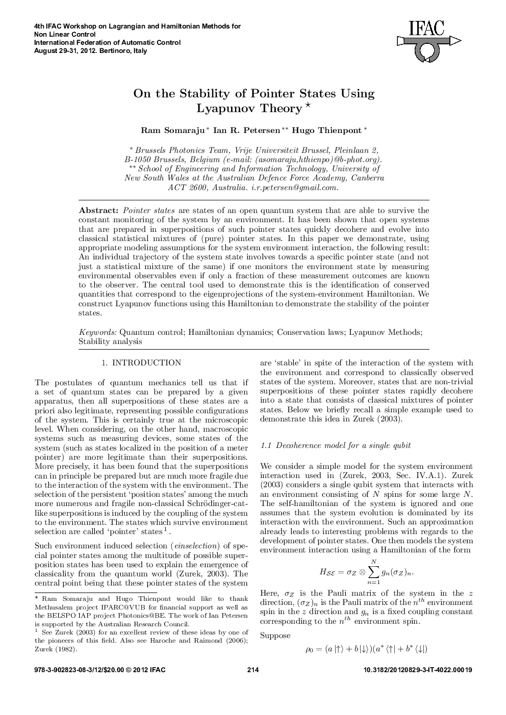 On the Stability of Pointer States Using Lyapunov Theory* 