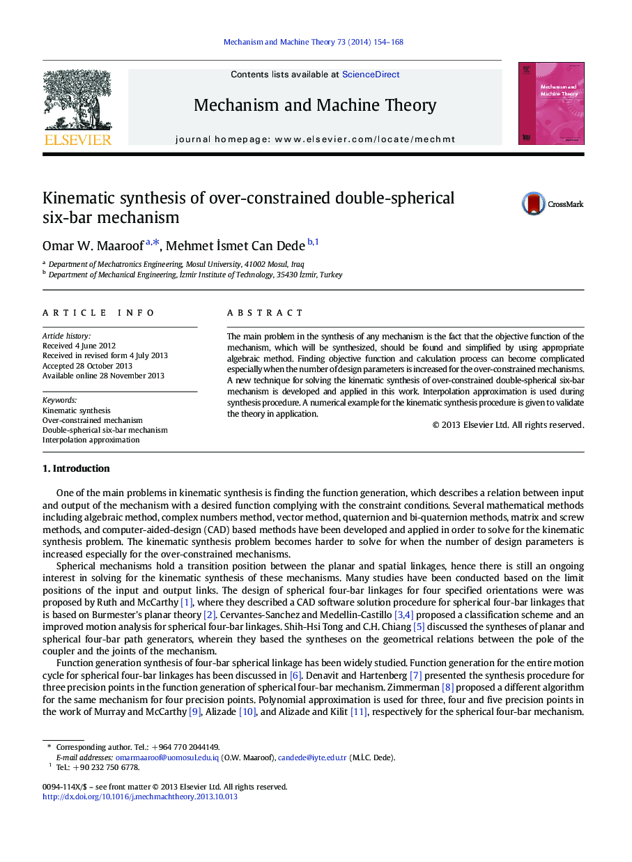 Kinematic synthesis of over-constrained double-spherical six-bar mechanism