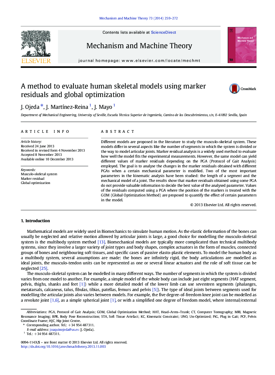 A method to evaluate human skeletal models using marker residuals and global optimization