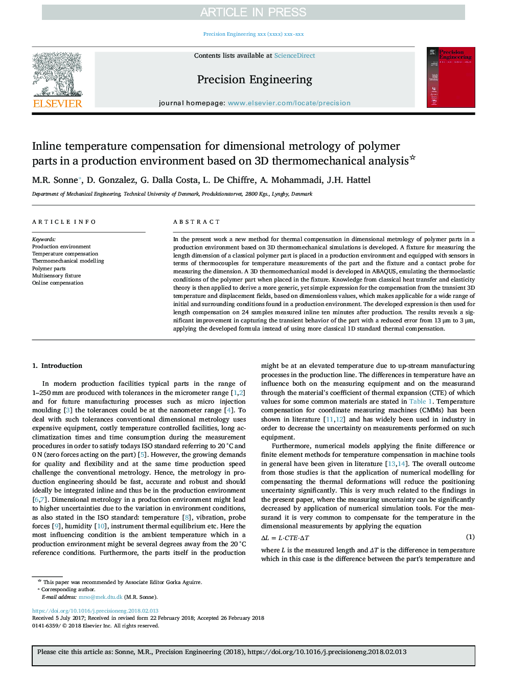 Inline temperature compensation for dimensional metrology of polymer parts in a production environment based on 3D thermomechanical analysis