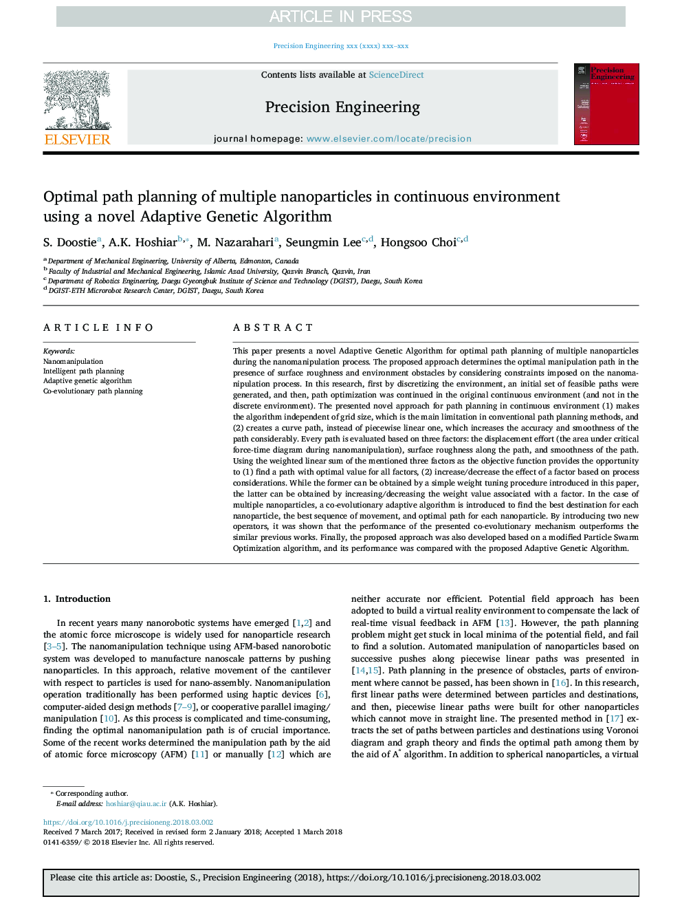 Optimal path planning of multiple nanoparticles in continuous environment using a novel Adaptive Genetic Algorithm